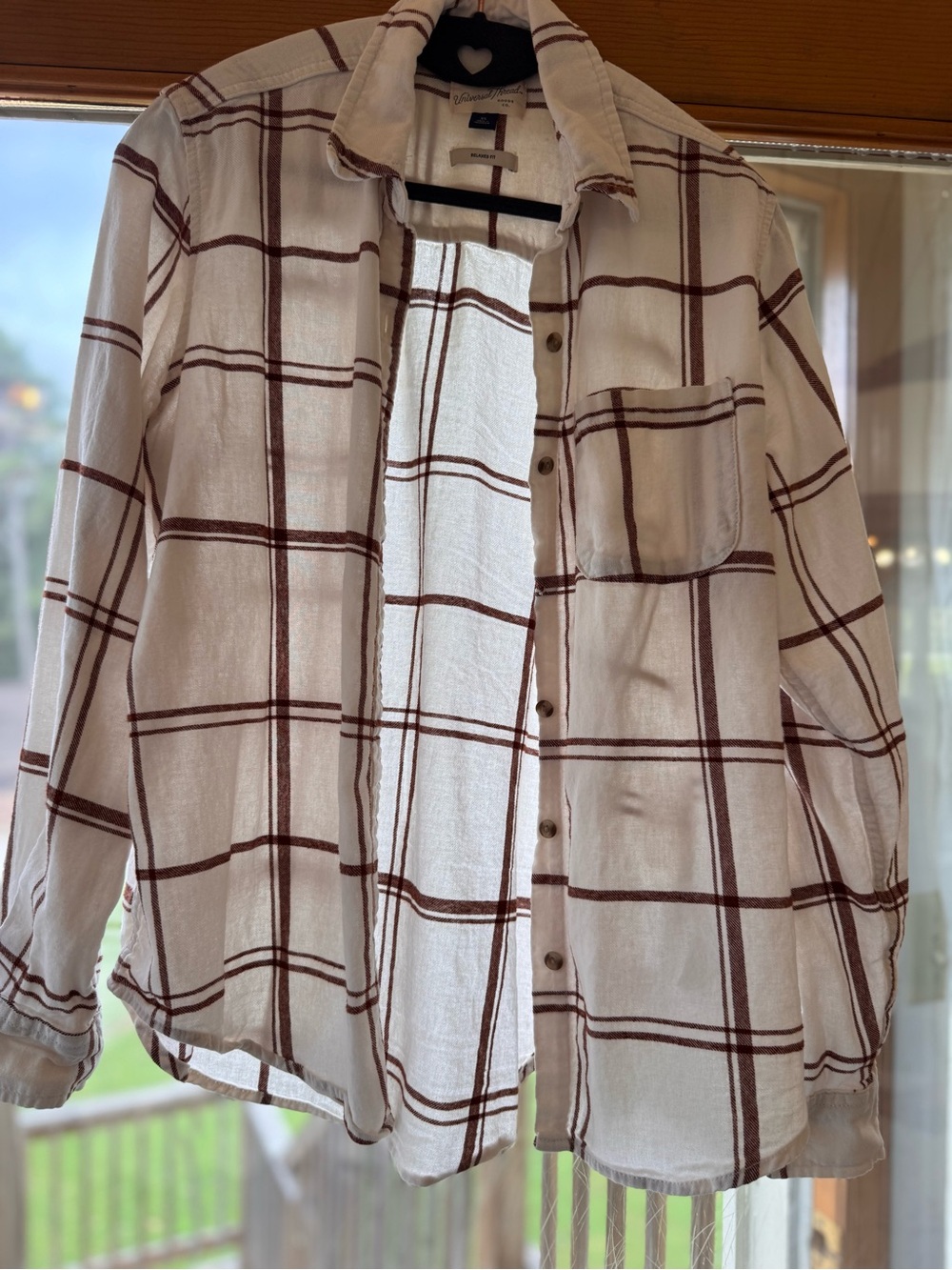 Universal Thread White Button-Down Shirt with Brown Windowpane Plaid